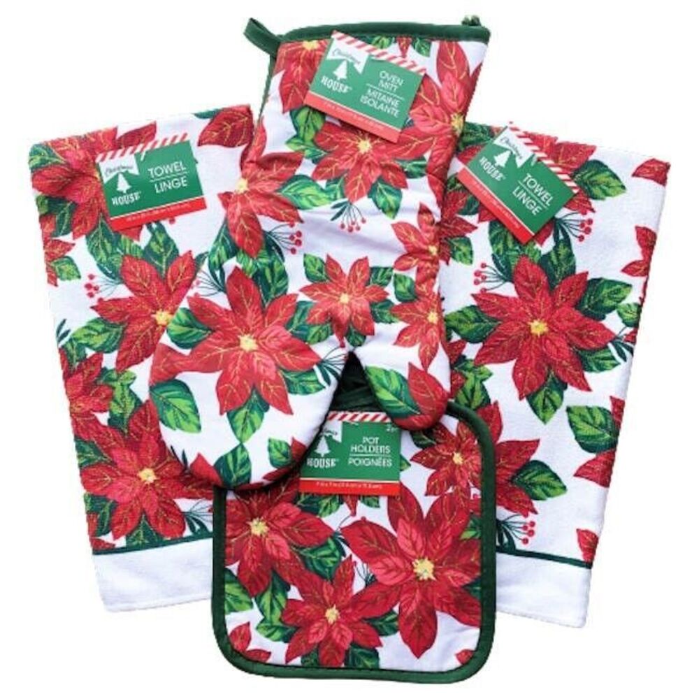 Christmas Poinsettia Kitchen Linens Mitt Towel Pot Holders 5 Piece Set NEW